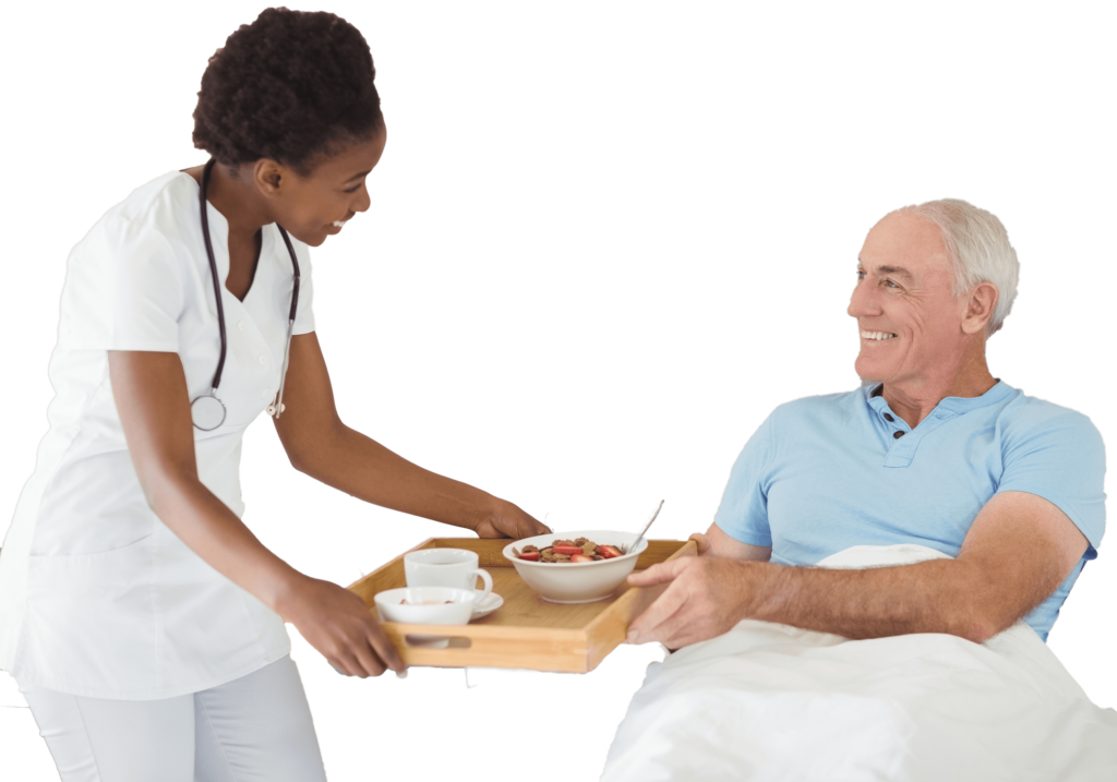 Nurse serving a patient food, as seen in 1-on-1 Care Facilities